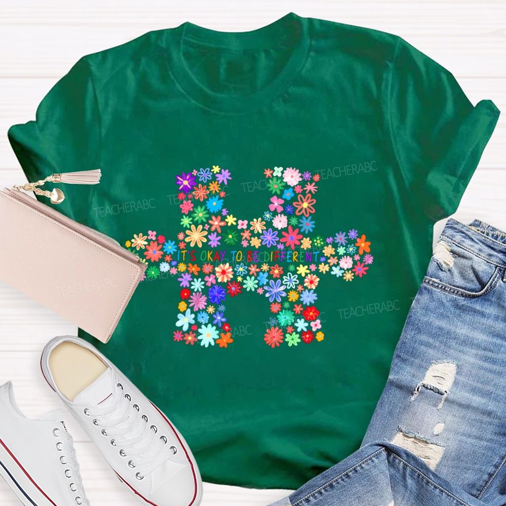 It's Okay To Be Different Colorful Flowers Puzzle Teacher T-Shirt