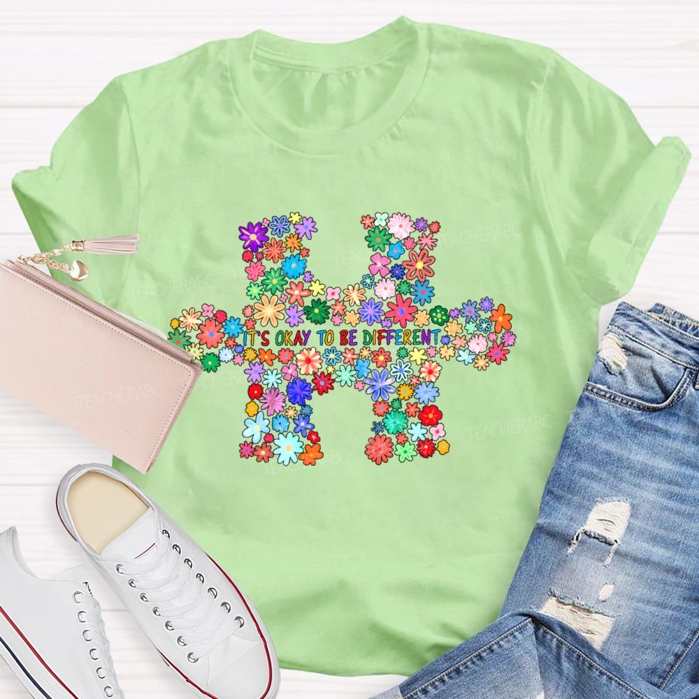 It's Okay To Be Different Colorful Flowers Puzzle Teacher T-Shirt