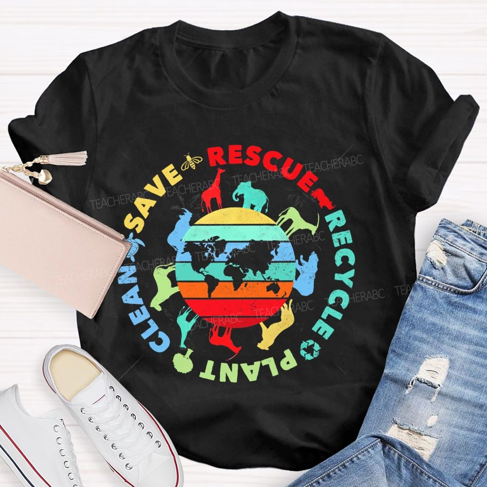 Save Rescue Recycle Clean Plant Colorful Stripes Letters Teacher T-shirt