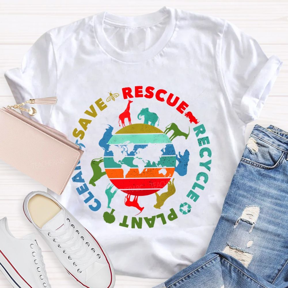 Save Rescue Recycle Clean Plant Colorful Stripes Letters Teacher T-shirt
