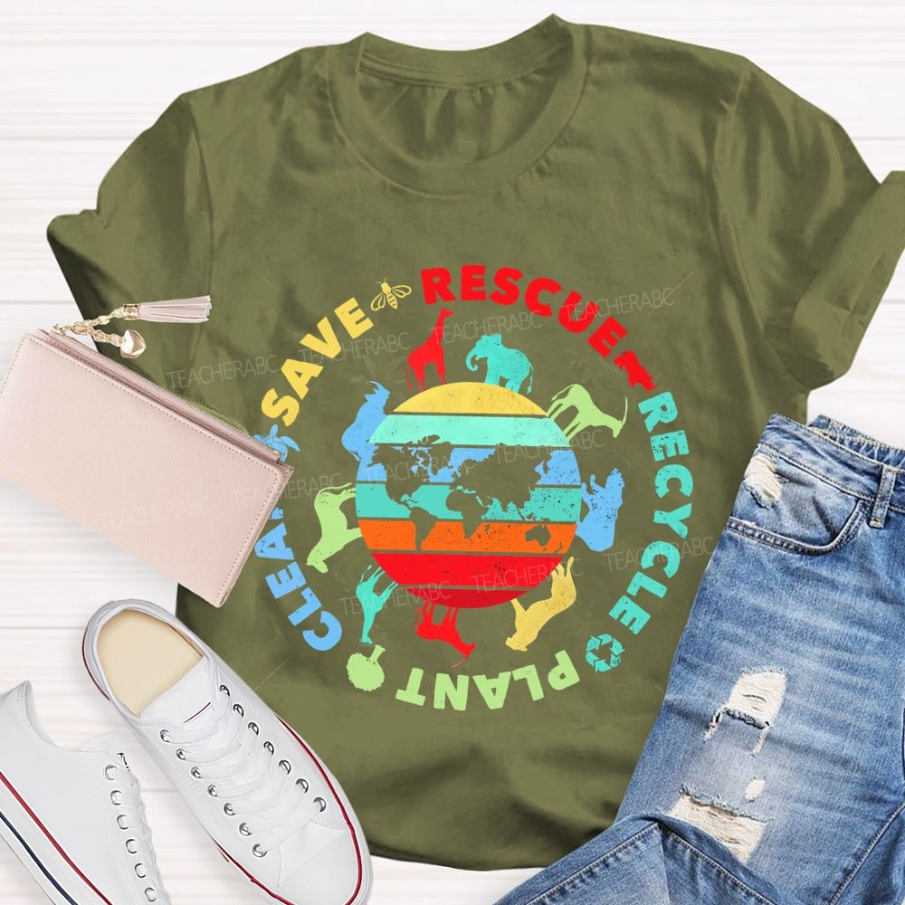 Save Rescue Recycle Clean Plant Colorful Stripes Letters Teacher T-shirt
