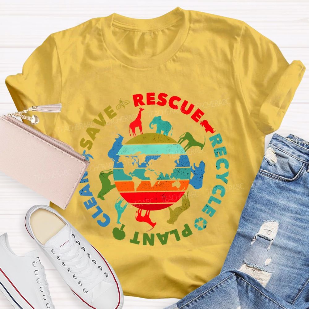 Save Rescue Recycle Clean Plant Colorful Stripes Letters Teacher T-shirt