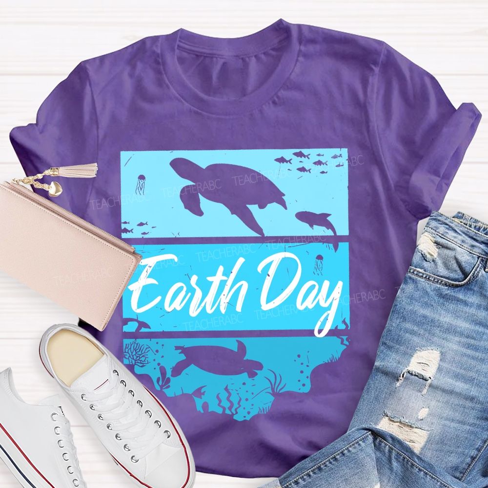 Earth Day Sea Turtle Letters Teacher T-shirt