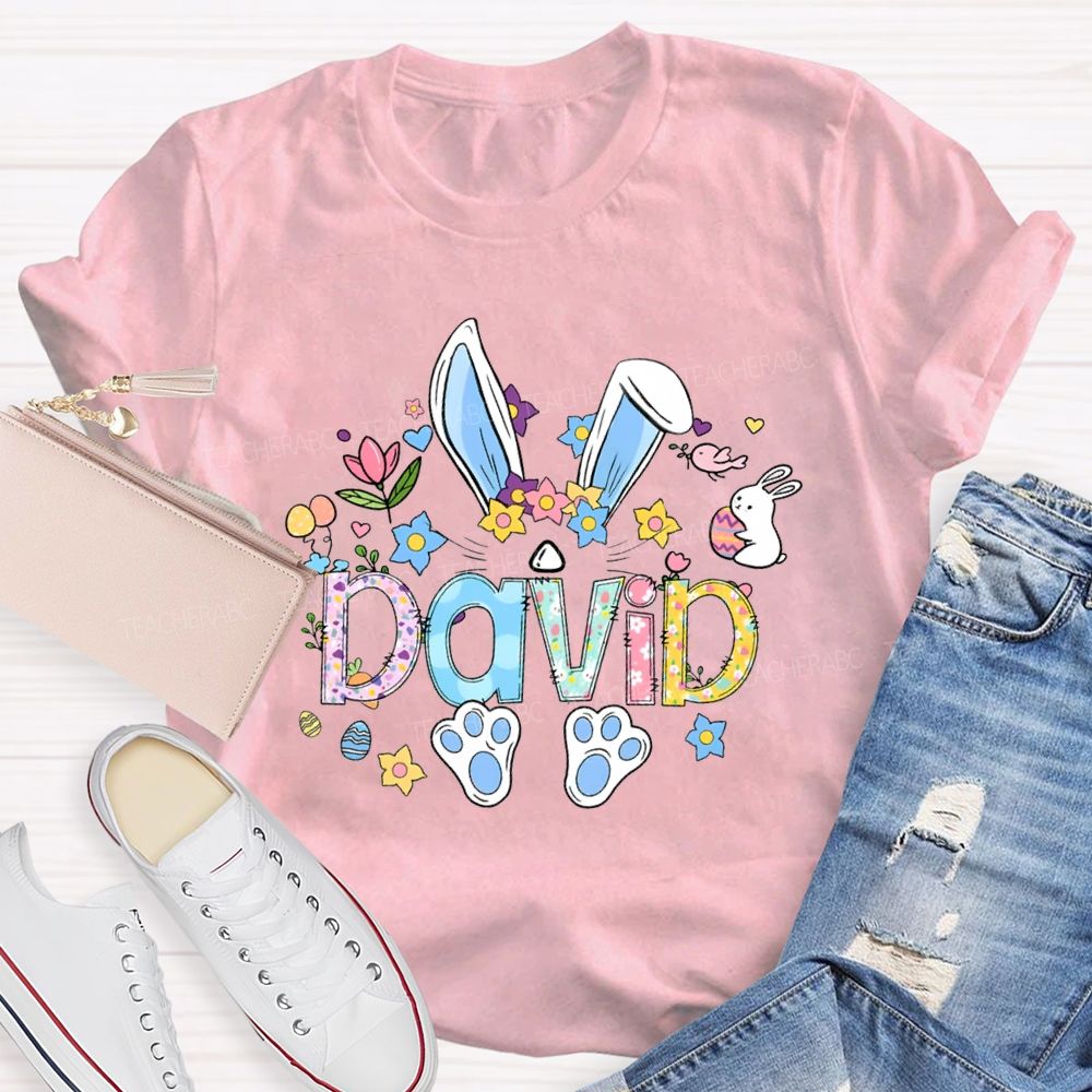 Personalized Name Colorful Rabbit Flowers Teacher T-shirt