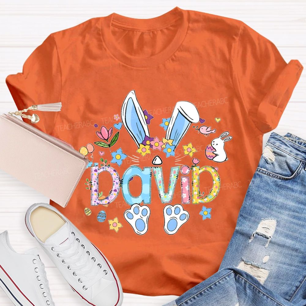Personalized Name Colorful Rabbit Flowers Teacher T-shirt