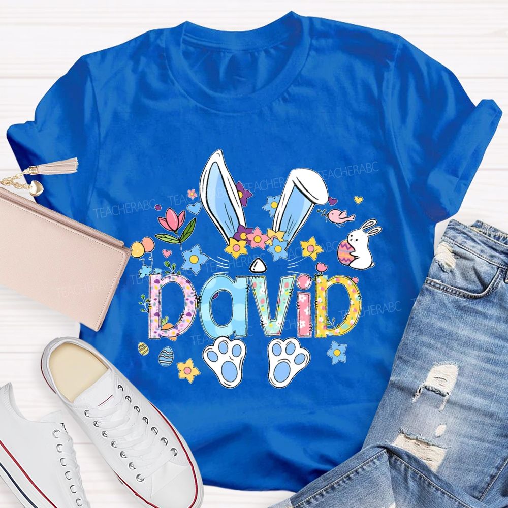 Personalized Name Colorful Rabbit Flowers Teacher T-shirt