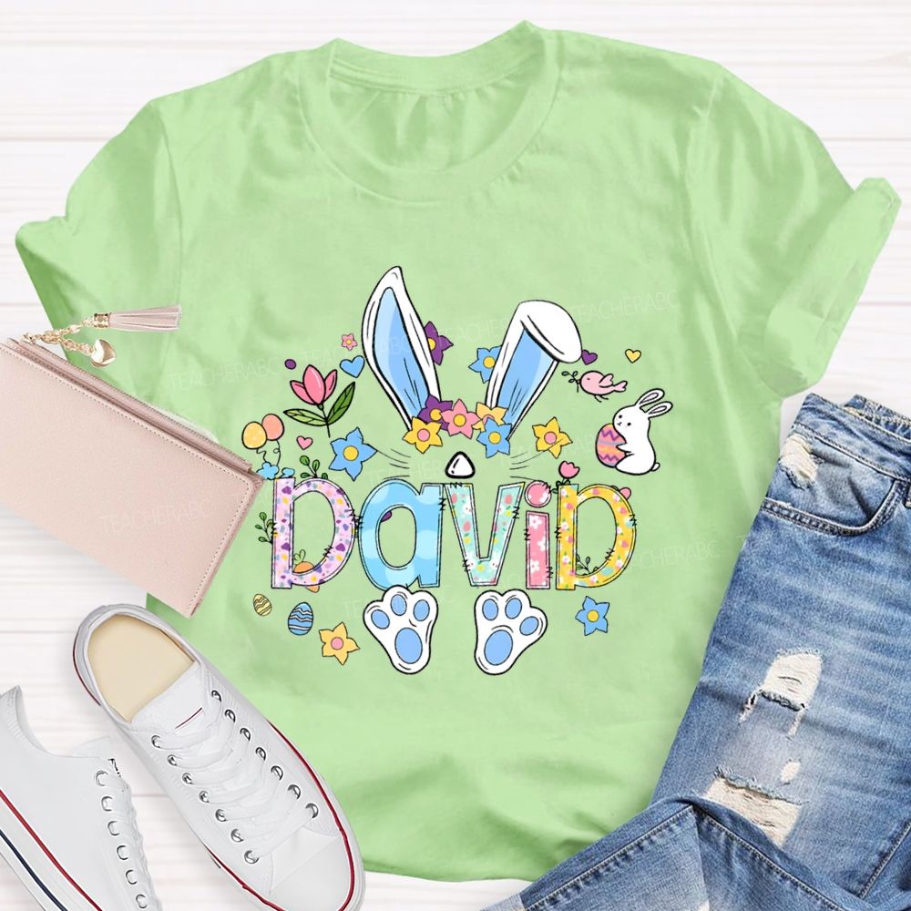 Personalized Name Colorful Rabbit Flowers Teacher T-shirt