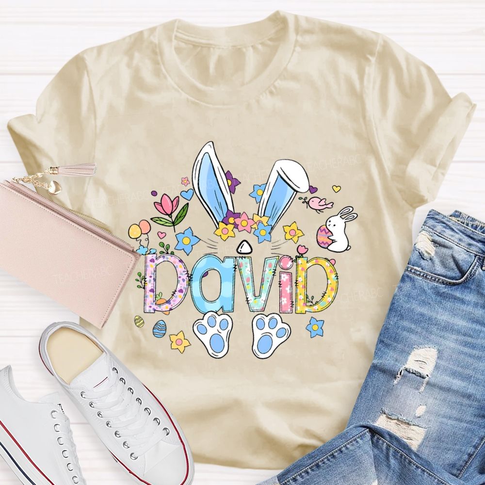 Personalized Name Colorful Rabbit Flowers Teacher T-shirt