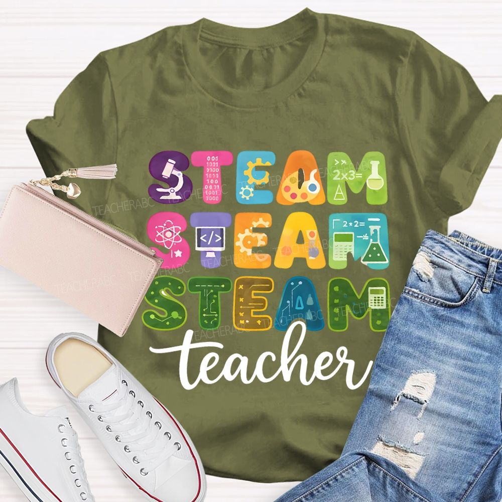 Steam Science Art Math Teacher Colored Fonts Teacher T-shirt