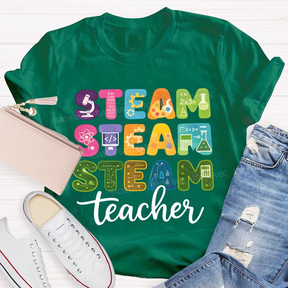 Steam Science Art Math Teacher Colored Fonts Teacher T-shirt