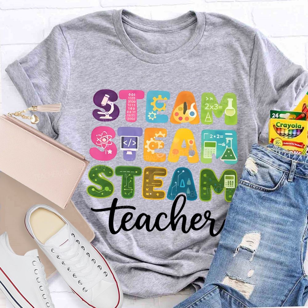 Steam Science Art Math Teacher Colored Fonts Teacher T-shirt