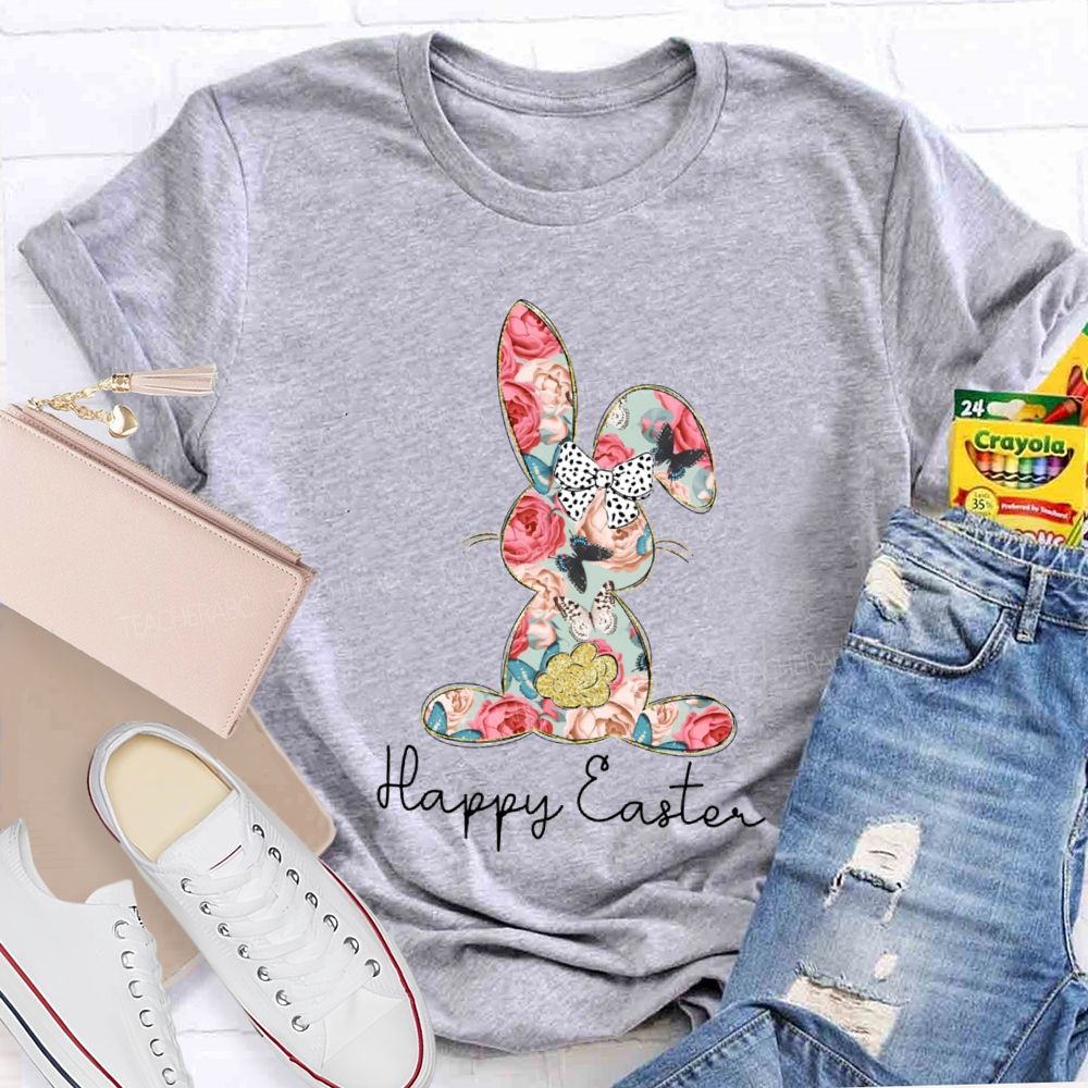 Happy Easter Bunny Flower Bow Teacher T-shirt