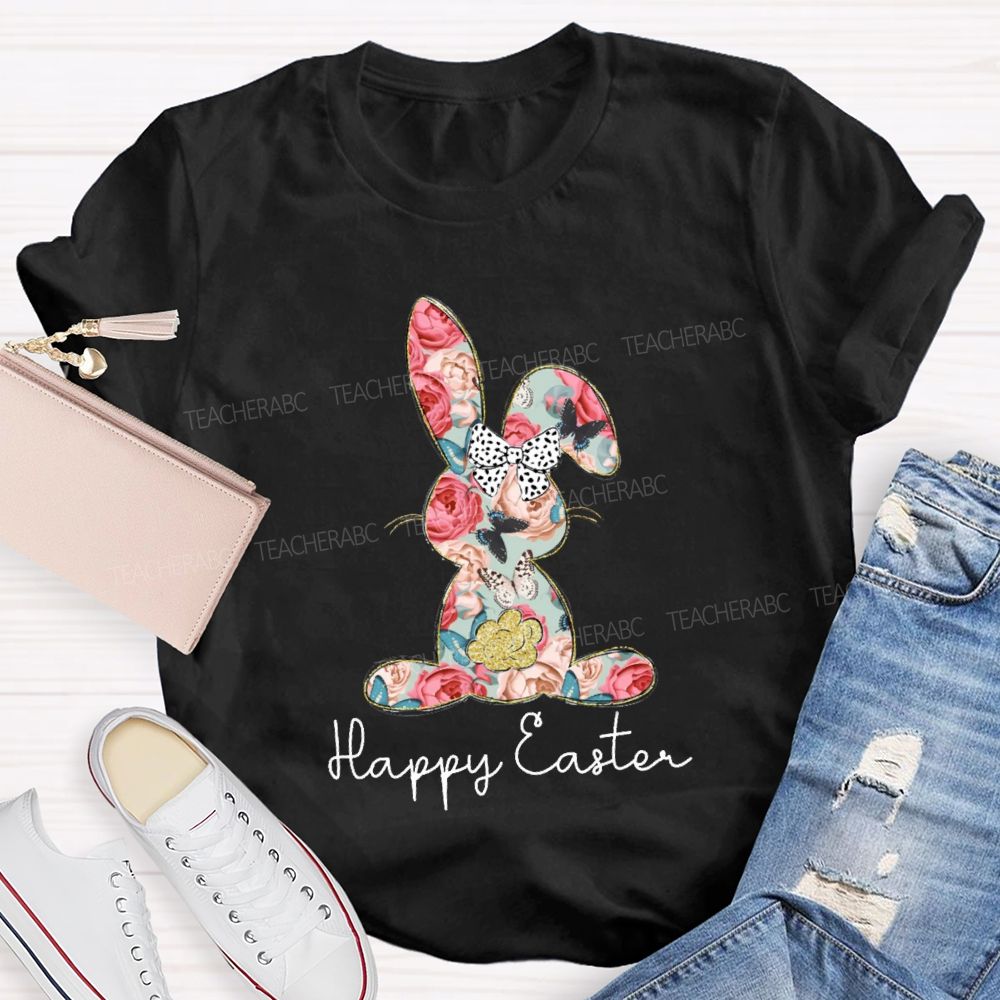 Happy Easter Bunny Flower Bow Teacher T-shirt