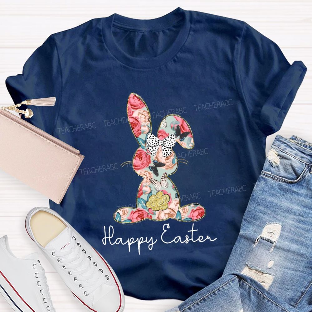 Happy Easter Bunny Flower Bow Teacher T-shirt