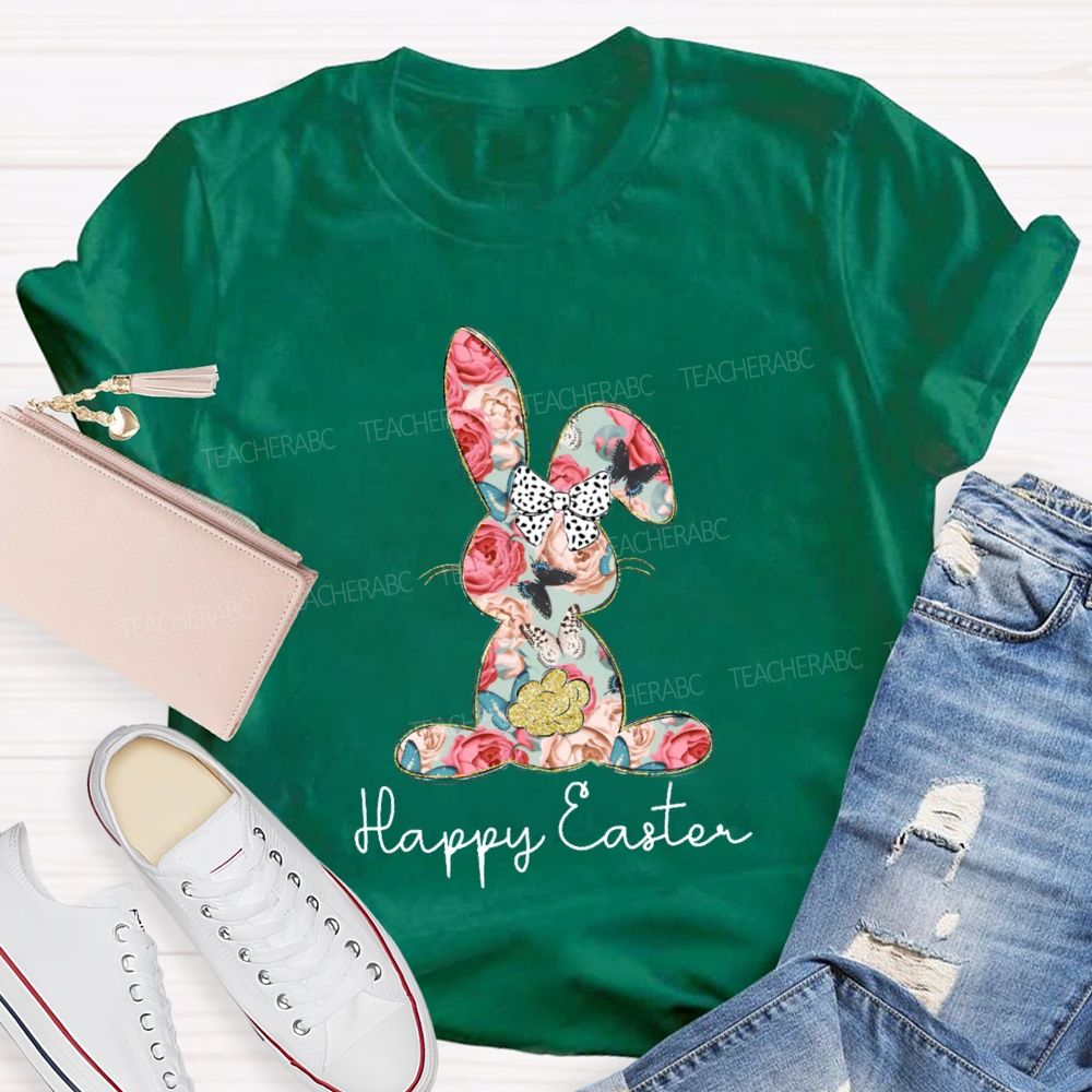 Happy Easter Bunny Flower Bow Teacher T-shirt