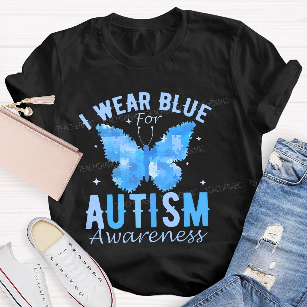 I Wear Blue For Autism Awareness Butterfly Puzzle Graphic Teacher T-shirt