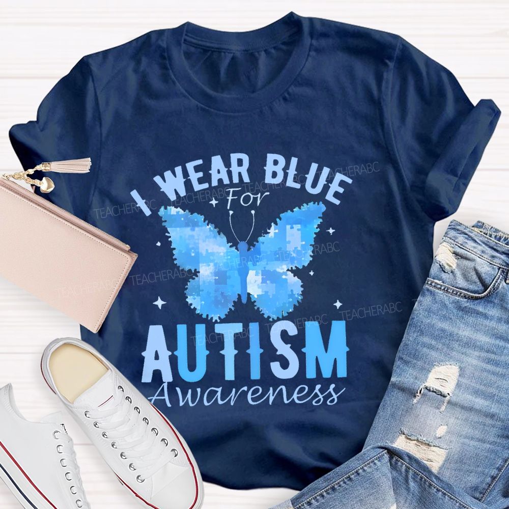 I Wear Blue For Autism Awareness Butterfly Puzzle Graphic Teacher T-shirt