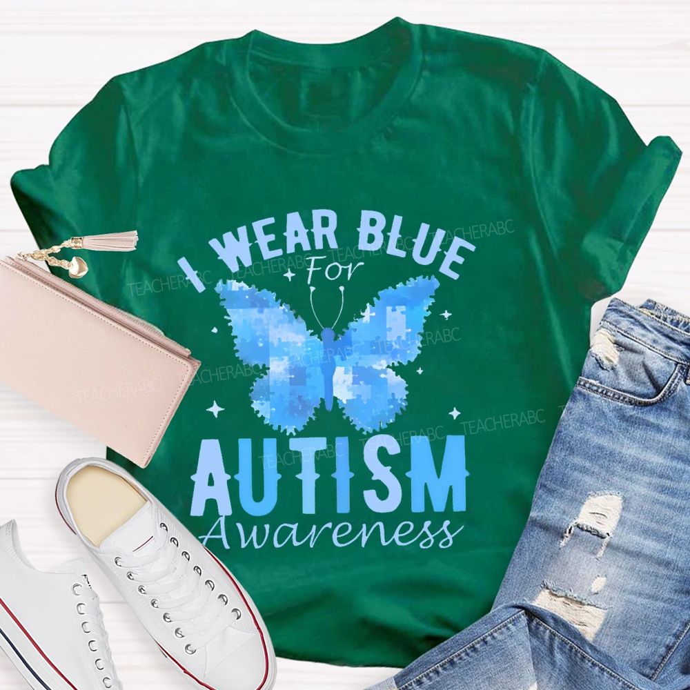I Wear Blue For Autism Awareness Butterfly Puzzle Graphic Teacher T-shirt