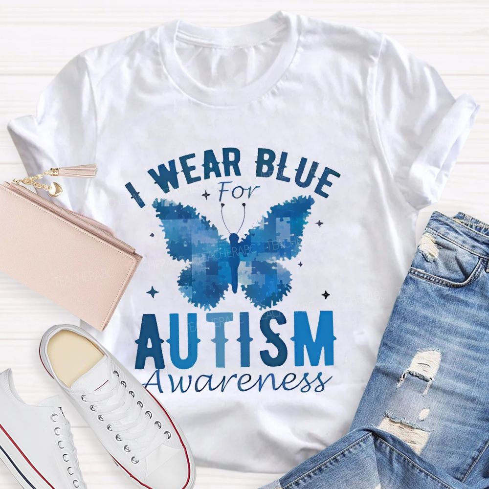 I Wear Blue For Autism Awareness Butterfly Puzzle Graphic Teacher T-shirt