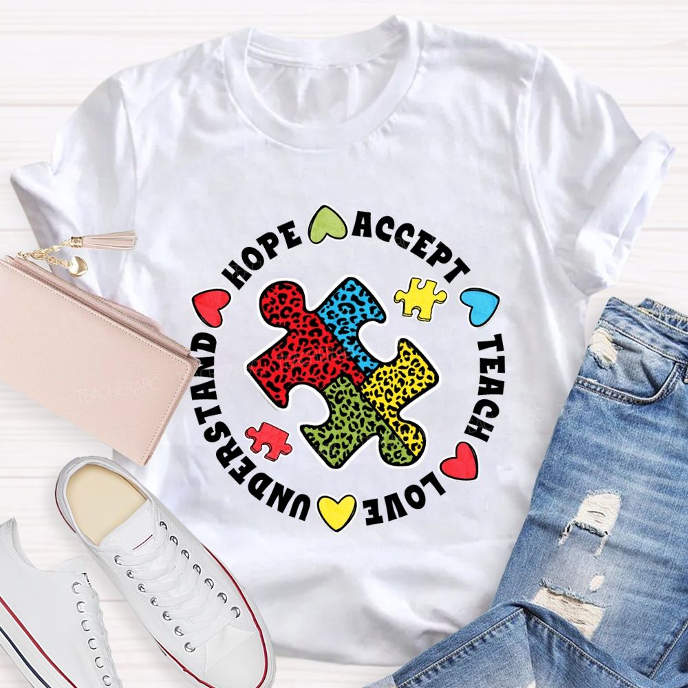 Hope Accept Teach Love Understand Leopard Puzzle Teacher T-shirt
