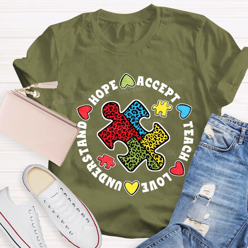 Hope Accept Teach Love Understand Leopard Puzzle Teacher T-shirt