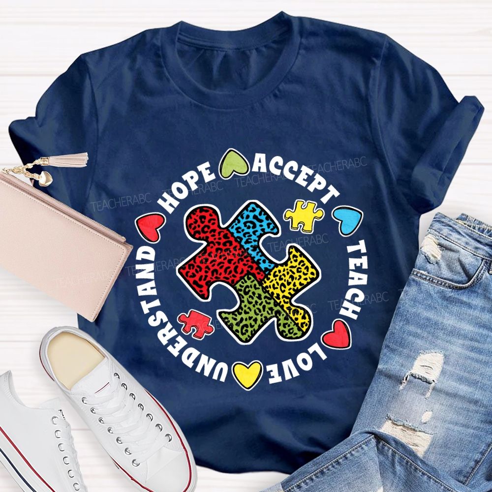 Hope Accept Teach Love Understand Leopard Puzzle Teacher T-shirt