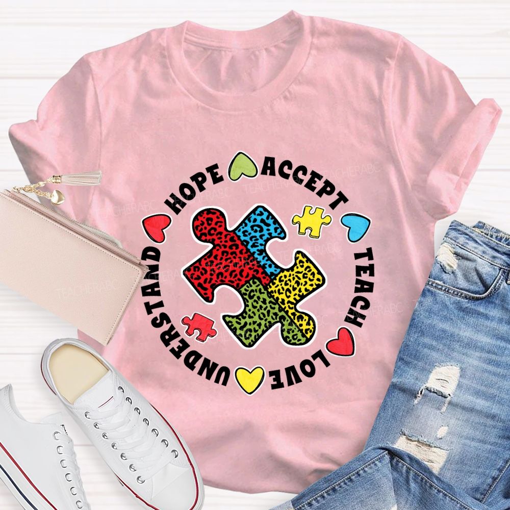 Hope Accept Teach Love Understand Leopard Puzzle Teacher T-shirt
