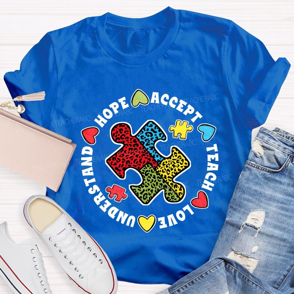 Hope Accept Teach Love Understand Leopard Puzzle Teacher T-shirt