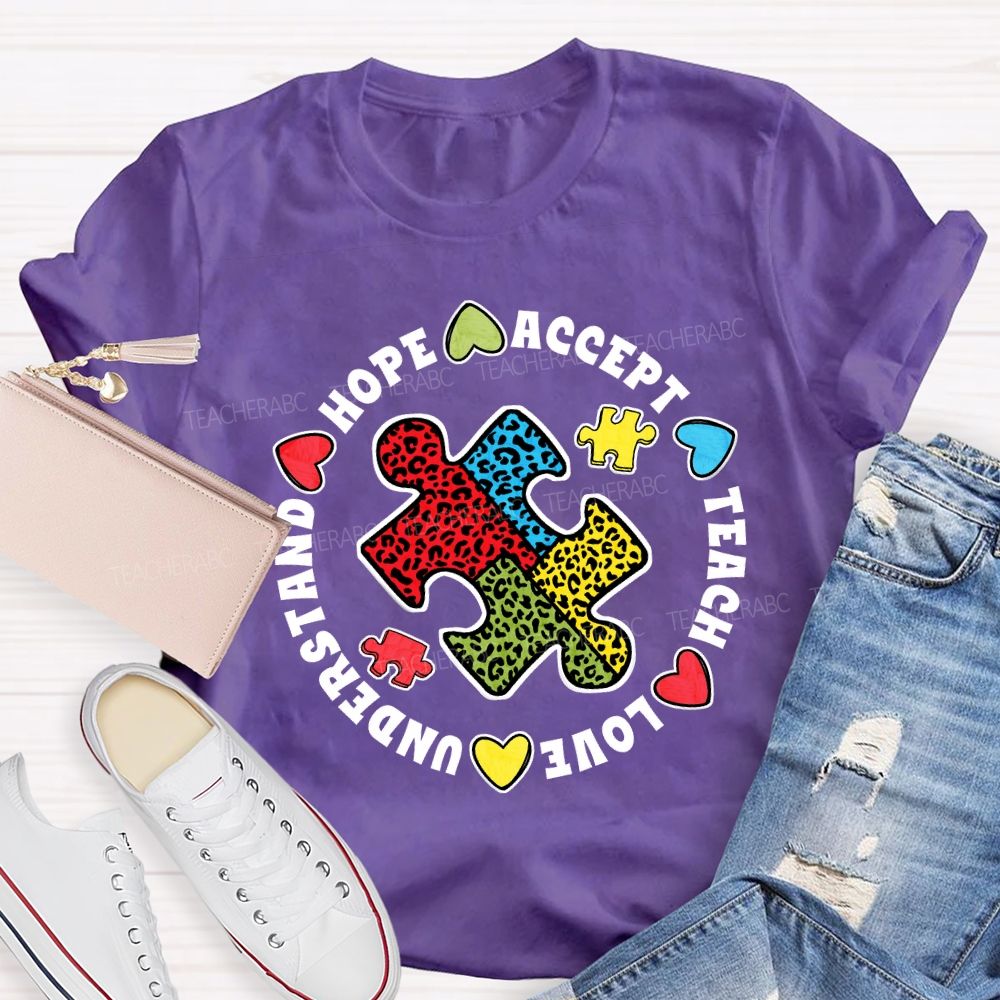 Hope Accept Teach Love Understand Leopard Puzzle Teacher T-shirt