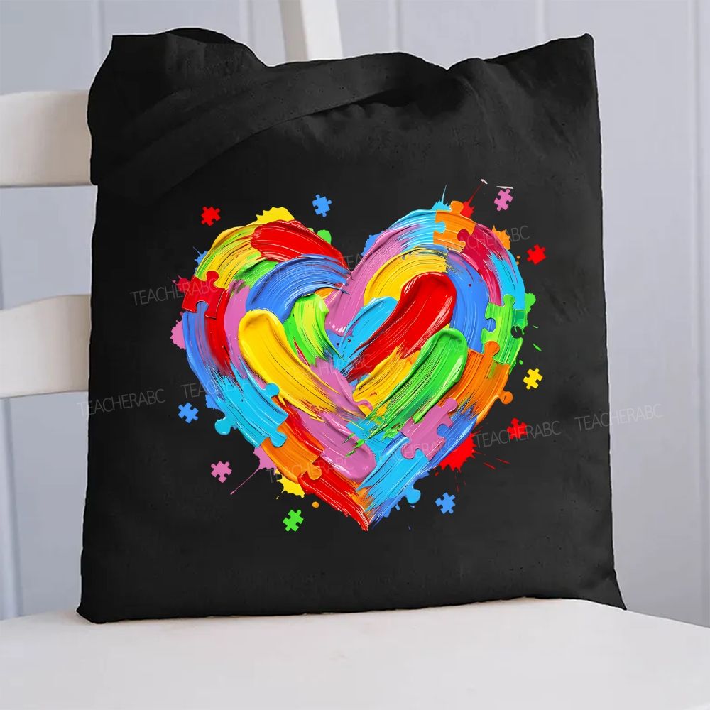 Colorful Heart Paint Puzzle Canvas Tote Bag