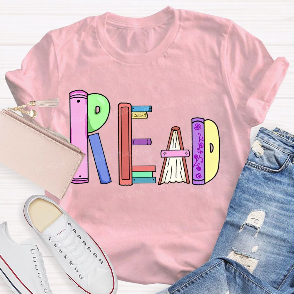 Read Colorful Bookshelf Font T-shirt
