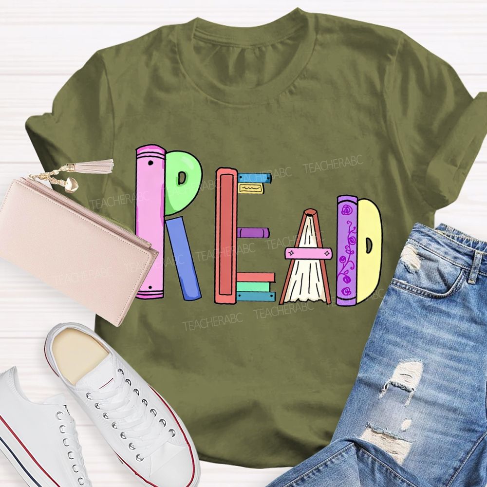 Read Colorful Bookshelf Font T-shirt