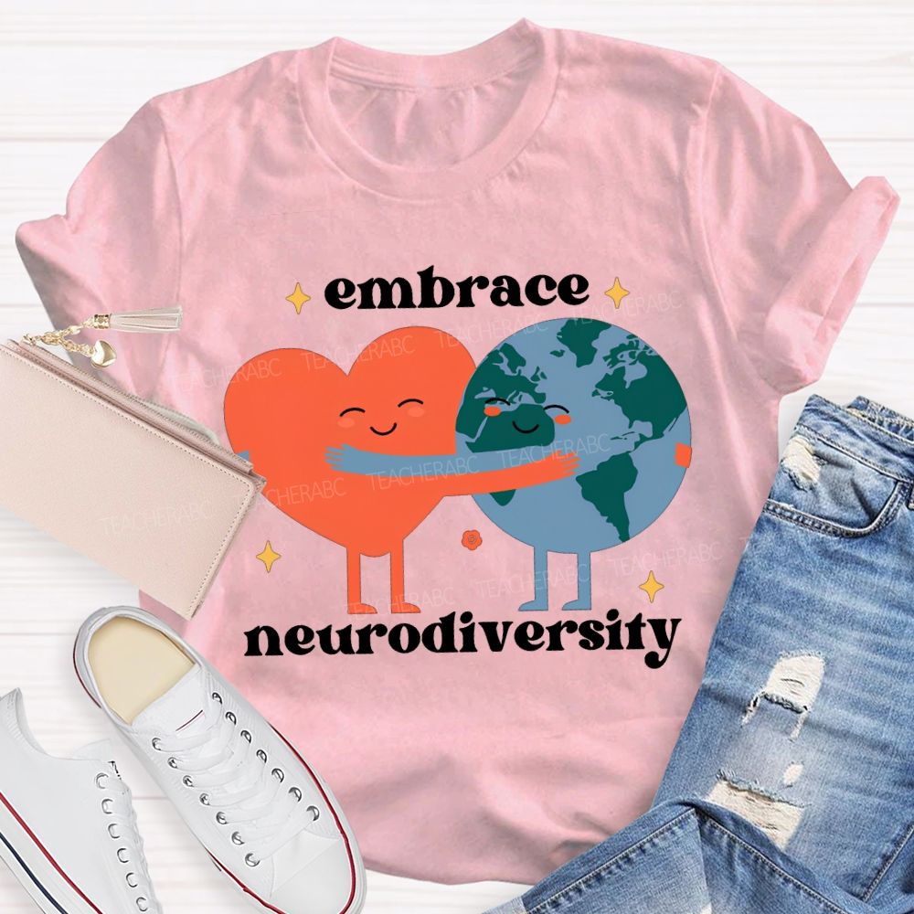Embrace Neurodiversity Peach Heart Embraces Earth T-shirt