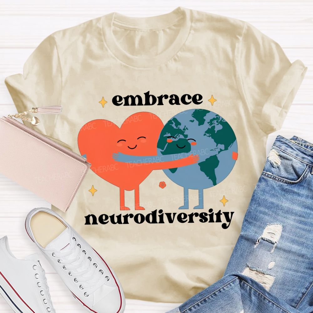 Embrace Neurodiversity Peach Heart Embraces Earth T-shirt