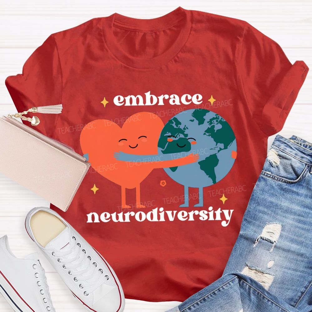 Embrace Neurodiversity Peach Heart Embraces Earth T-shirt