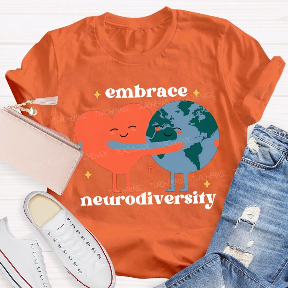 Embrace Neurodiversity Peach Heart Embraces Earth T-shirt