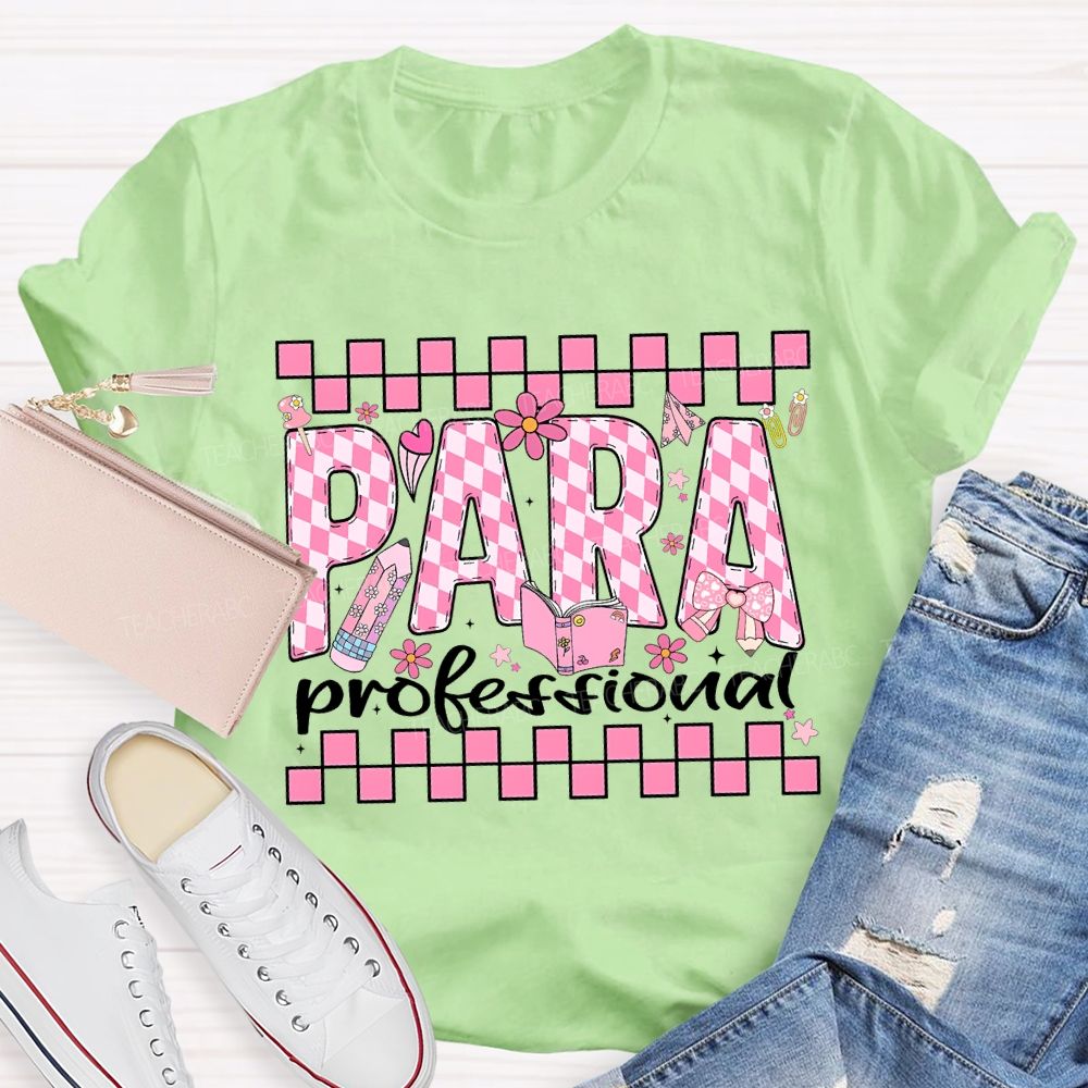 Para Professional Pink Floral Checkered Fonts T-shirt