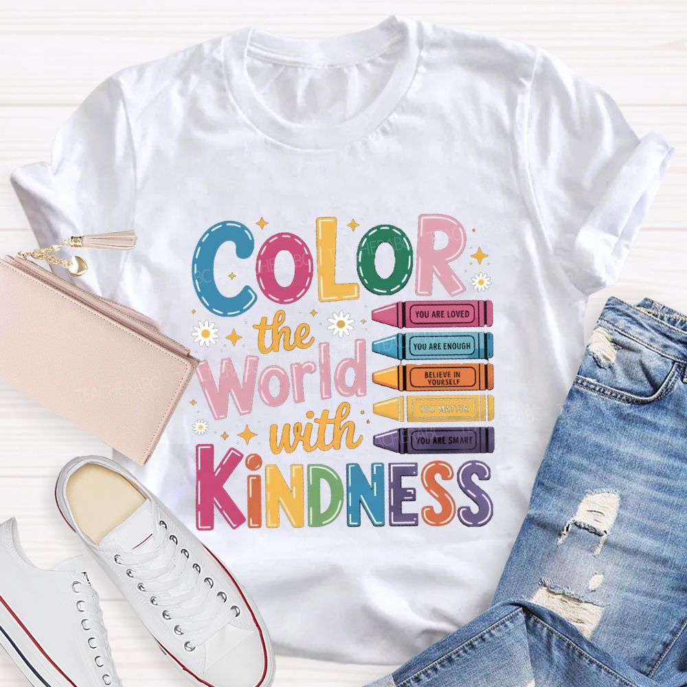 Color The World With Kindness Floral Colorful Crayon Teacher T-Shirt