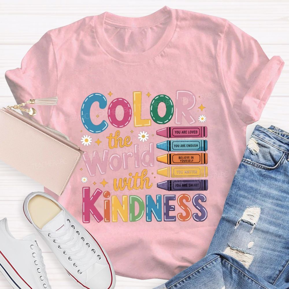 Color The World With Kindness Floral Colorful Crayon Teacher T-Shirt