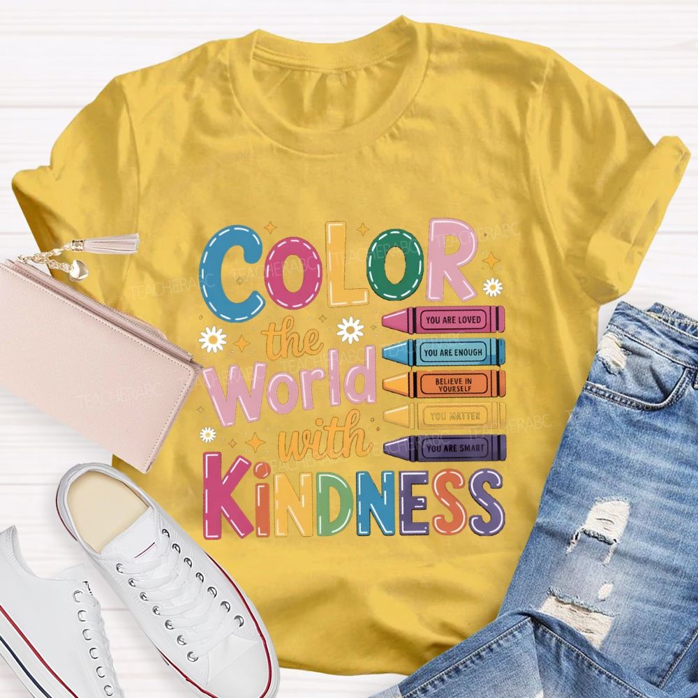 Color The World With Kindness Floral Colorful Crayon Teacher T-Shirt