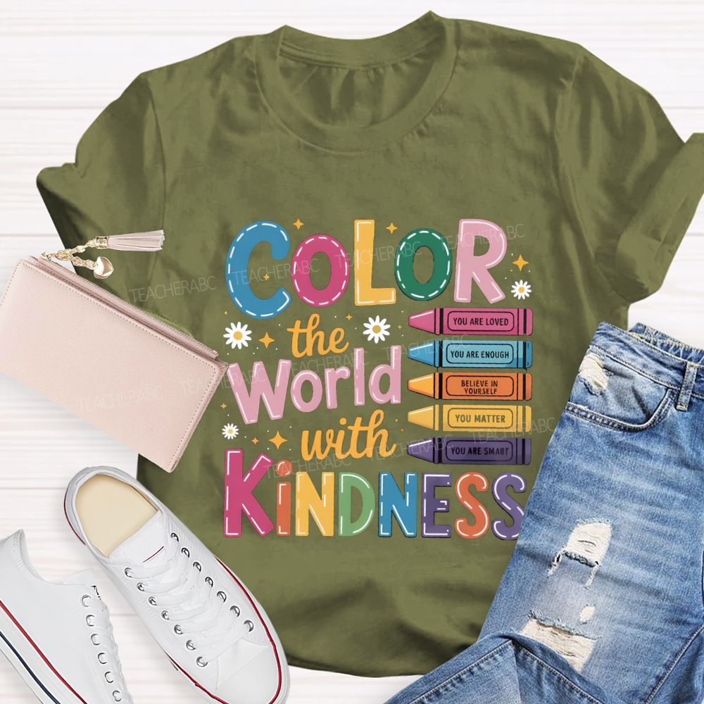 Color The World With Kindness Floral Colorful Crayon Teacher T-Shirt