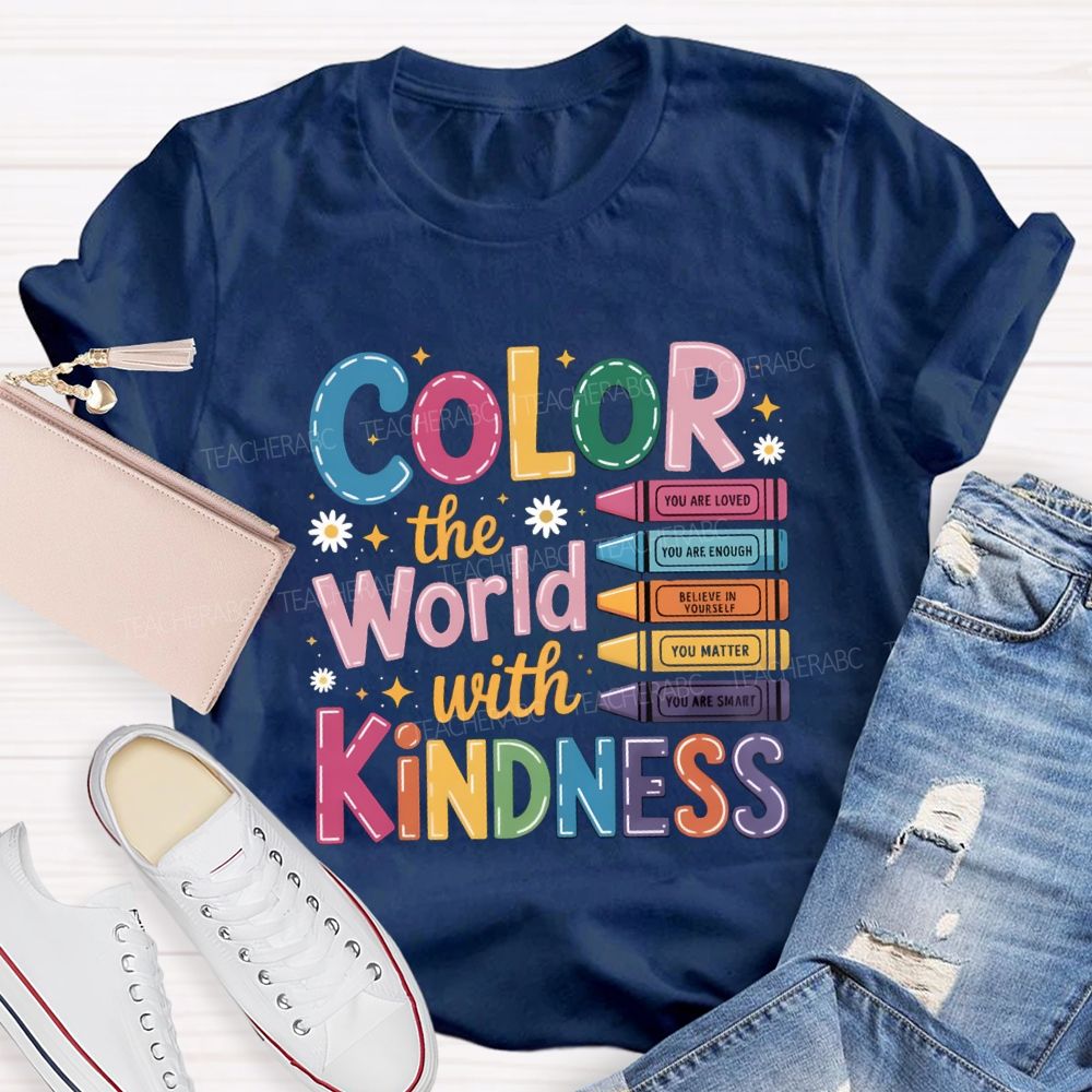 Color The World With Kindness Floral Colorful Crayon Teacher T-Shirt