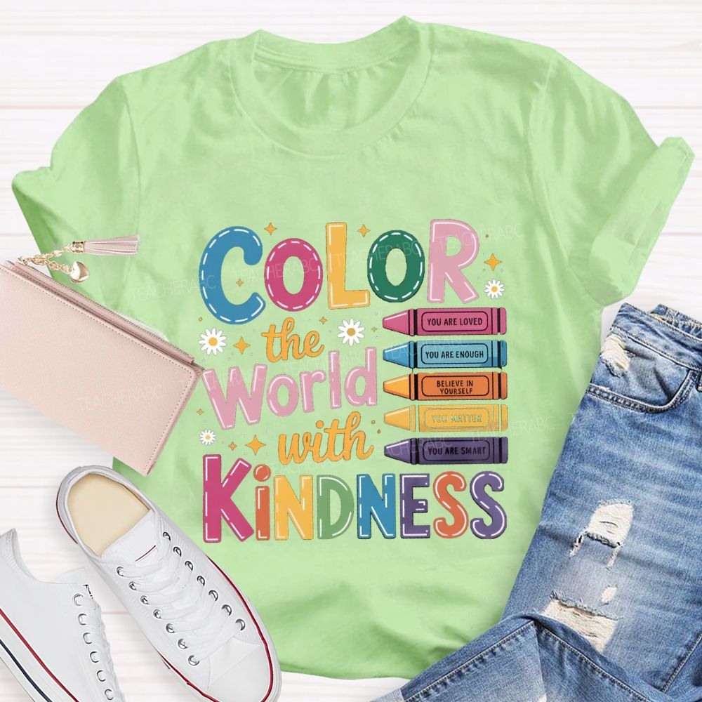 Color The World With Kindness Floral Colorful Crayon Teacher T-Shirt