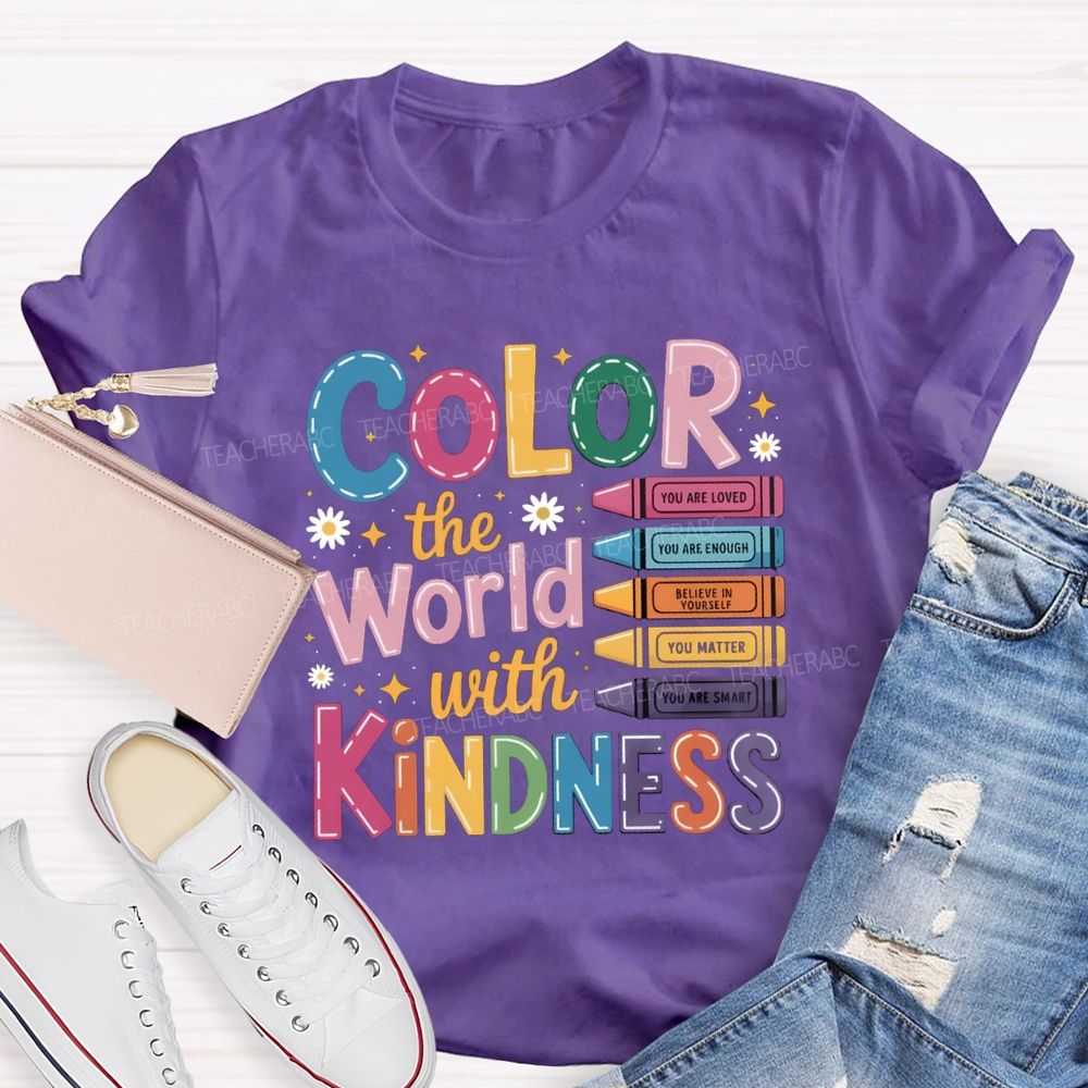 Color The World With Kindness Floral Colorful Crayon Teacher T-Shirt