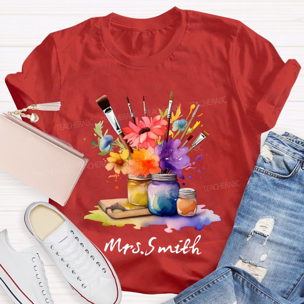 Personalized Name Paintbrush Flowers Teacher T-shirt