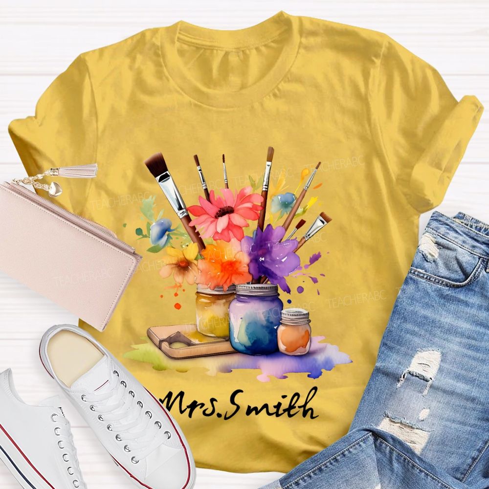 Personalized Name Paintbrush Flowers Teacher T-shirt