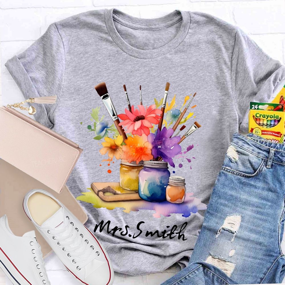 Personalized Name Paintbrush Flowers Teacher T-shirt