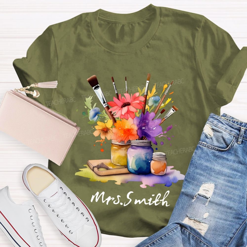Personalized Name Paintbrush Flowers Teacher T-shirt