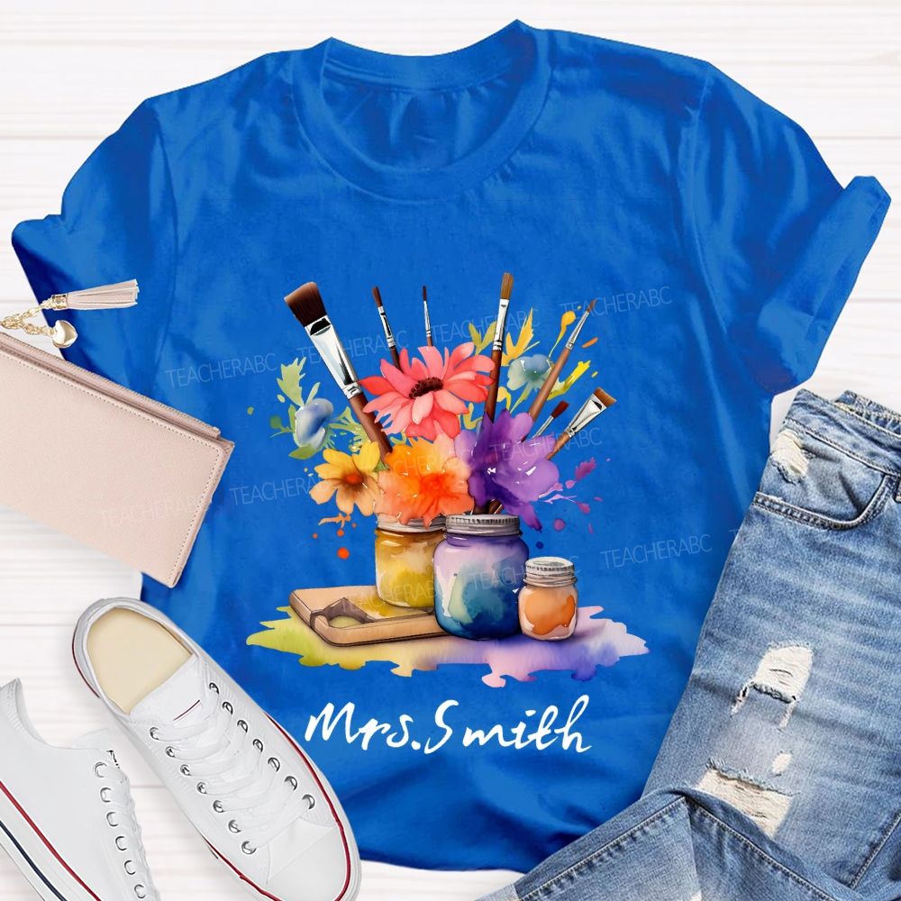 Personalized Name Paintbrush Flowers Teacher T-shirt