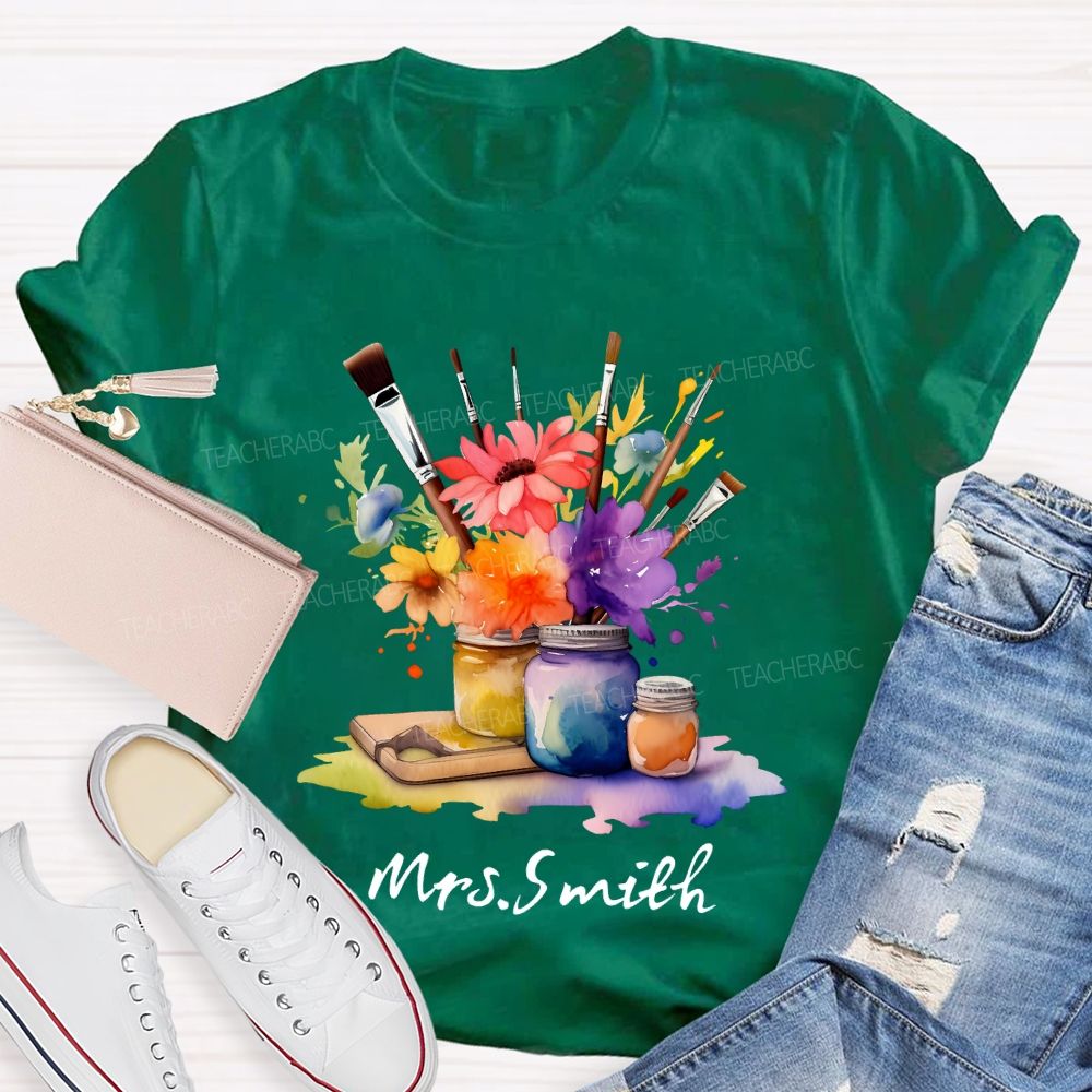 Personalized Name Paintbrush Flowers Teacher T-shirt